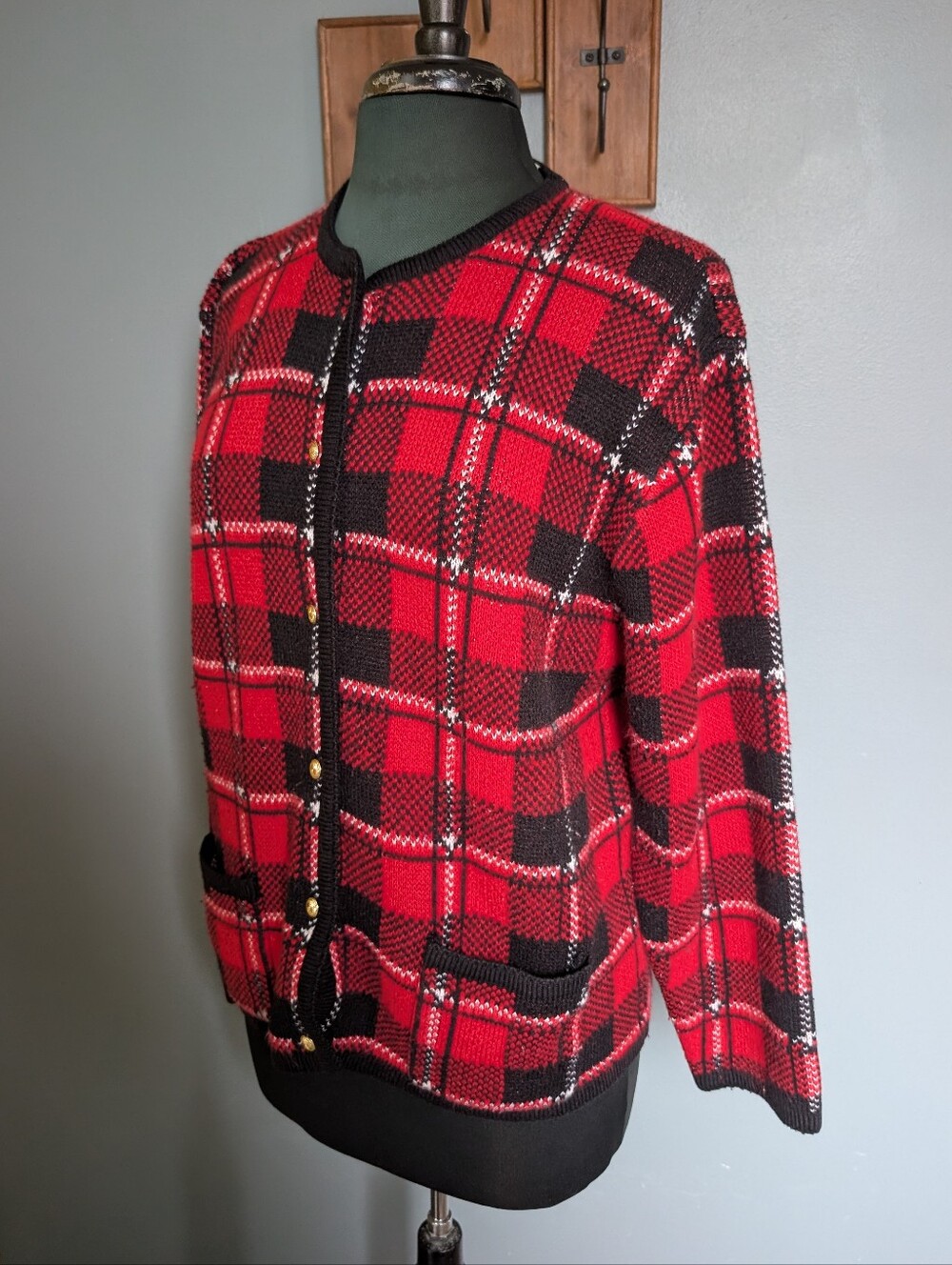 Vintage Red Plaid Knit Cardigan Jacket - Women's Size L